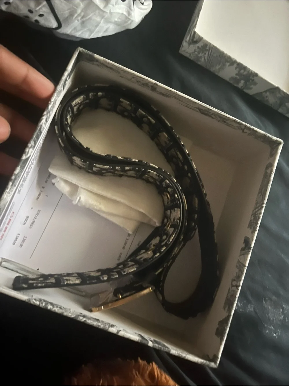 Dior Men’s Black and White Jacquard Logo Belt with Gold Buckle